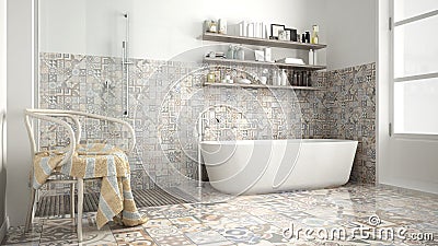 Scandinavian bathroom, classic white vintage interior design Stock Photo