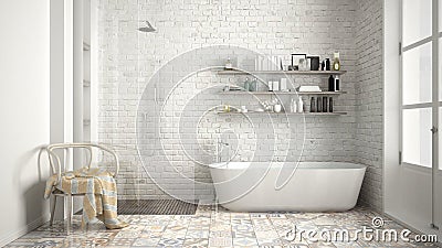 Scandinavian bathroom, classic white vintage interior design Stock Photo