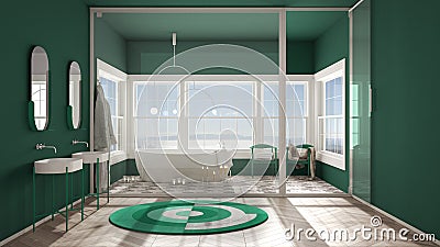 Scandinavian bathroom, parquet and beige tiles floor, stained glass window, panoramic view, bathtub, chairs and candles, carpet, Stock Photo