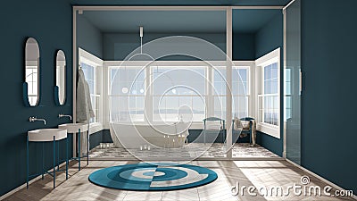 Scandinavian bathroom, parquet and beige tiles floor, stained glass window, panoramic view, bathtub, chairs and candles, sink, Stock Photo