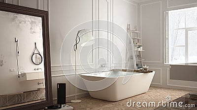 Scandinavian bathroom, white minimalistic design, hotel spa resort Stock Photo
