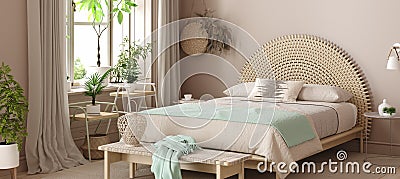 Scandinavian bedroom interior with bed in pastel beige and mint colors Stock Photo