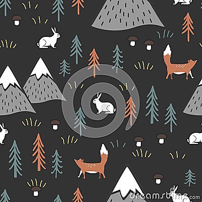 Scandinavian cartoon seamless pattern with hares, foxes trees, mushrooms, and mountains. Cute background for kids Vector Illustration