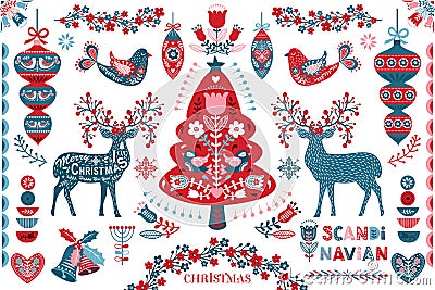 Scandinavian Christmas Folk Art Design Elements Vector Illustration