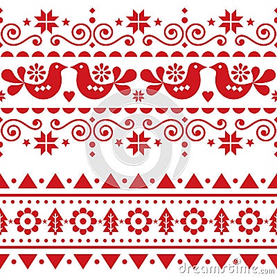 Scandinavian Christmas folk seamless vector long pattern, repetitive winter cute Nordic design with birds, Christmas trees, snowfl Vector Illustration