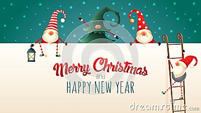 Scandinavian Christmas Gnomes climb up the billboard using ladders. Merry Christmas and happy New year - green background Vector Illustration
