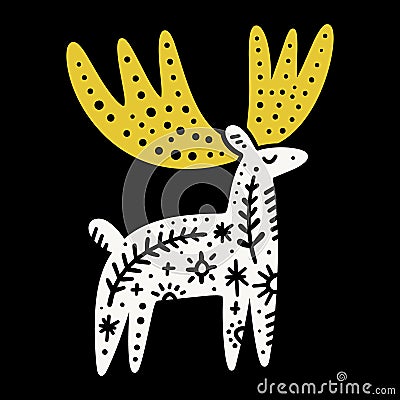 Scandinavian Christmas Noel deer or muse folk animal vector design, cute floral patterned traditional monochrome Vector Illustration