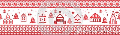 Scandinavian Christmas pattern including Nordic Christmas scenery Winter Village : Church , house, cottages, town hall in stitche Vector Illustration