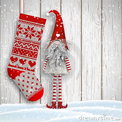 Scandinavian christmas traditional gnome, Tomte, with knitted stocking, illustration Vector Illustration