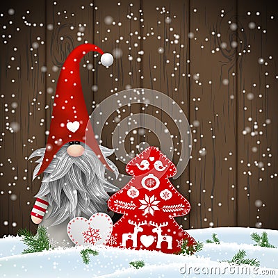 Scandinavian christmas traditional gnome, Tomte with other seasonal decorations, illustration Vector Illustration