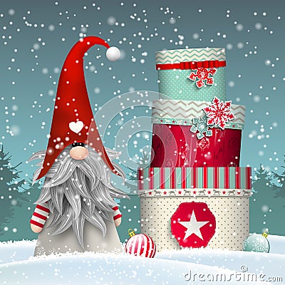 Scandinavian christmas traditional gnome, Tomte, with stack of colorful gift boxes, illustration Vector Illustration