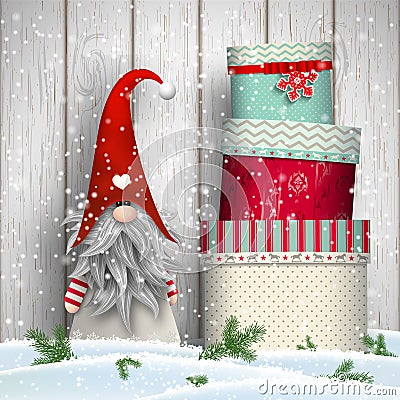 Scandinavian christmas traditional gnome, Tomte, with stack of colorful gift boxes, illustration Vector Illustration