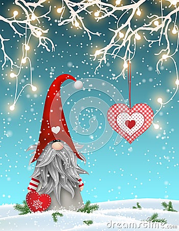 Scandinavian christmas traditional gnome, Tomte standing uder branches decorated with electric lights and hanging red Vector Illustration