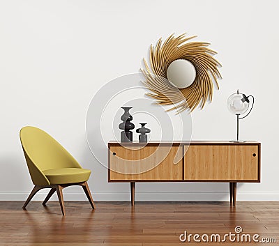 Scandinavian console table with armchair and mirror Stock Photo