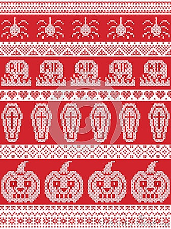 Scandinavian cross stitch and traditional American holiday inspired seamless Halloween pattern with spider, RIP grave, coffin, Vector Illustration