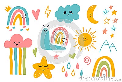 Scandinavian Cute Smiling Moon, Cloud, Star, Rainbow, Sun Vector Illustration