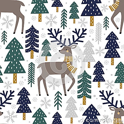 Cute deer, woods and snowflakes on white background. Vector Illustration