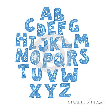 Scandinavian doodle font alphabet. Ethnic ornamental folk letters. Kids cartoon style letters. Vector Vector Illustration