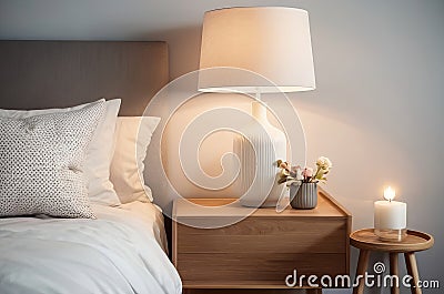 Scandinavian Elegance: Nightstand Lamp and Flowers in Bedroom Home Interior. Stock Photo