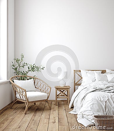 Scandinavian farmhouse bedroom interior, wall mockup Stock Photo