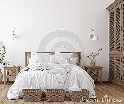 Scandinavian farmhouse bedroom interior, wall mockup Stock Photo