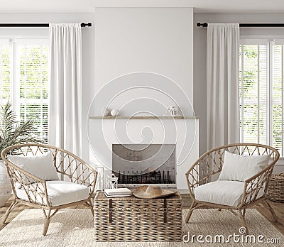 Scandinavian farmhouse living room interior, wall mockup Stock Photo