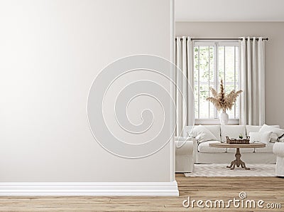 Scandinavian farmhouse living room interior, wall mockup Stock Photo