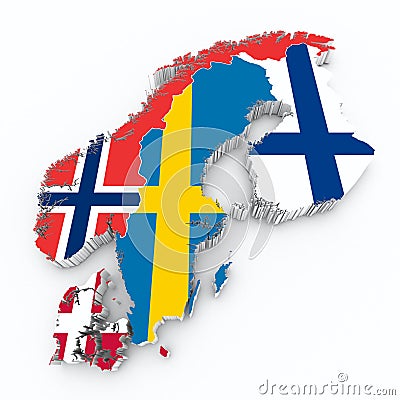 Scandinavian flags on 3d map Stock Photo