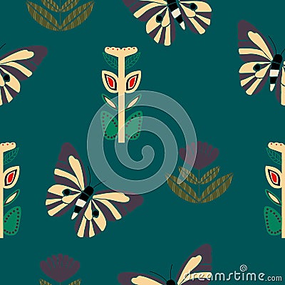 Scandinavian flowers and butterflies in a seamless pattern design Vector Illustration