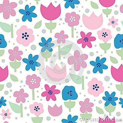 Scandinavian flowers seamless vector pattern. Flat stylized florals in pink, purple and blue on white background Vector Illustration