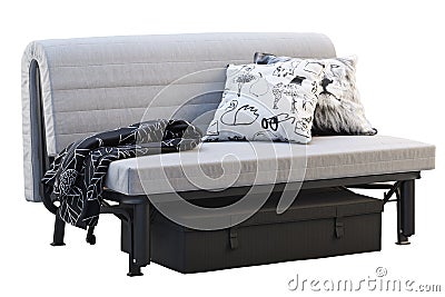 Scandinavian folding sofa bed with pillows and plaid. 3d render Stock Photo