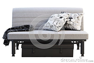 Scandinavian folding sofa bed with pillows and plaid. 3d render Stock Photo