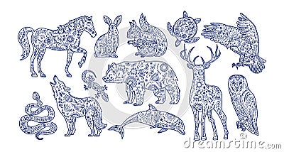 Scandinavian folk animals. Folk graphic elements in line style with ornate decoration, symbols, floral pattern. Vector Illustration