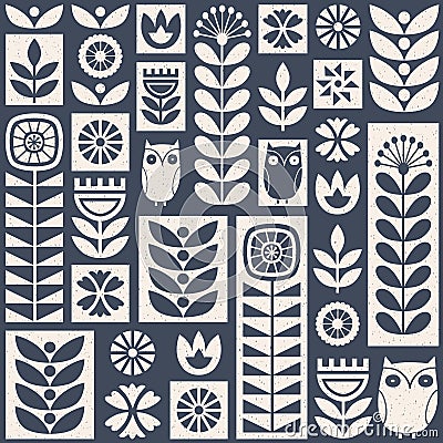 Scandinavian folk art seamless vector pattern with flowers, plants and owls on worn out texture in minimalist style Stock Photo