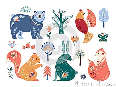 Scandinavian animals set Folk forest vector illustration Vector Illustration