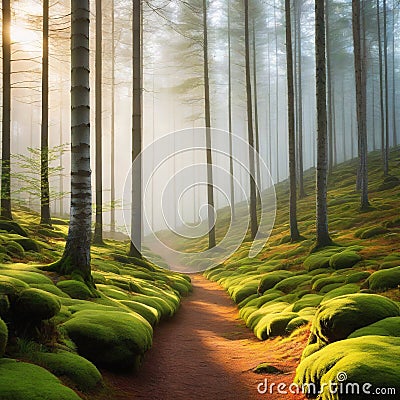 scandinavian forest with many lots of green moss Cartoon Illustration