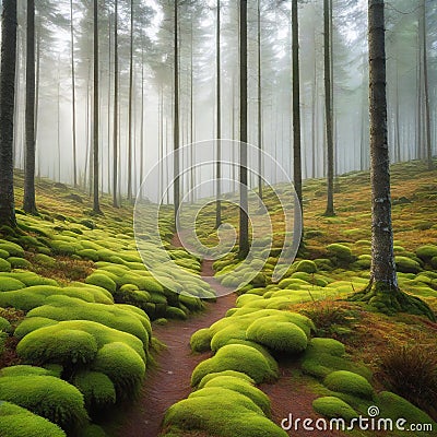 scandinavian forest with many lots of green moss Cartoon Illustration