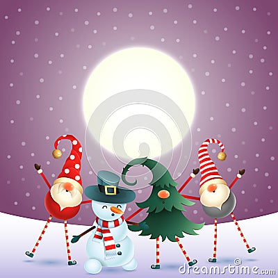 Scandinavian gnomes and snowman celebrate New year in front of magical moon - purple snowy background Vector Illustration
