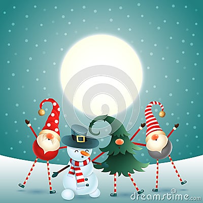 Scandinavian gnomes and snowman celebrate New year in front of magical moon Vector Illustration