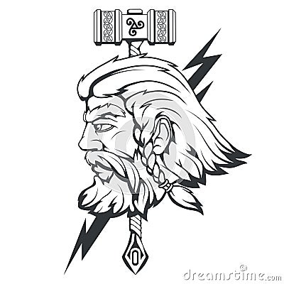 Scandinavian god of thunder and storm. Hand drawing of Thor`s Head. The hammer of Thor - mjolnir. Son of Odin. Cartoon bearded Vector Illustration