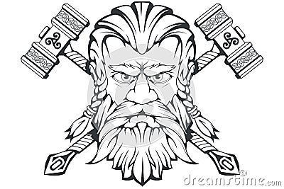 Scandinavian god of thunder and storm. Hand drawing of Thor`s Head. The hammer of Thor - mjolnir. Son of Odin. Cartoon bearded Vector Illustration