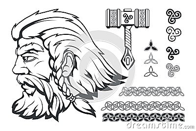 Scandinavian god of thunder and storm. Hand drawing of Thor`s Head. The hammer of Thor - mjolnir. Son of Odin. Cartoon bearded Vector Illustration