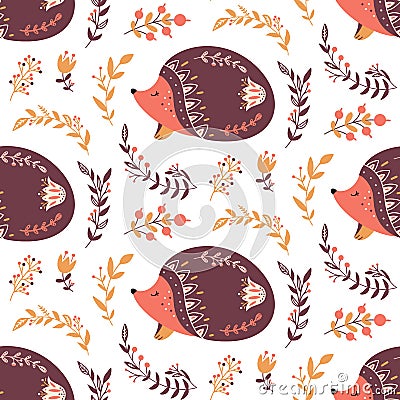 Scandinavian hedgehog seamless pattern folk forest animal background Vector Illustration