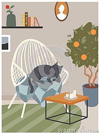 Scandinavian hygge cozy interior with armchair, cute cat sleeping in chair of living room Vector Illustration