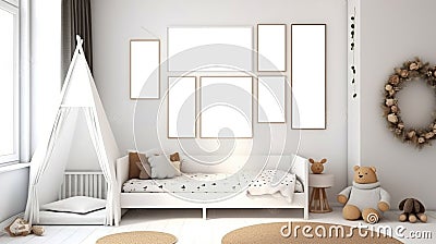 Scandinavian-inspired Mock-up Frame Enhancing a Cozy White Children's Room. Generative AI Stock Photo