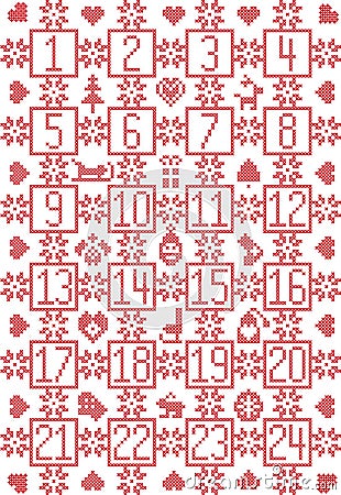 Scandinavian inspired by Nordic Christmas advent calendar with decorative elements such as snowflakes, decorative ornaments Vector Illustration