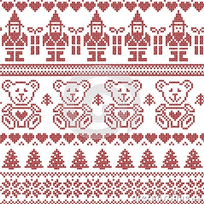 Scandinavian inspired Nordic xmas seamless pattern with elf, stars, teddy bears, snow, xmas trees, snowflakes, stars, snow, decor Vector Illustration
