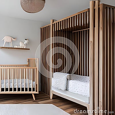 A Scandinavian-inspired nursery with neutral tones, wooden accents, and adorable animal wall art1 Stock Photo