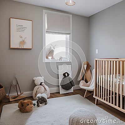 A Scandinavian-inspired nursery with neutral tones, wooden accents, and adorable animal wall art3 Stock Photo