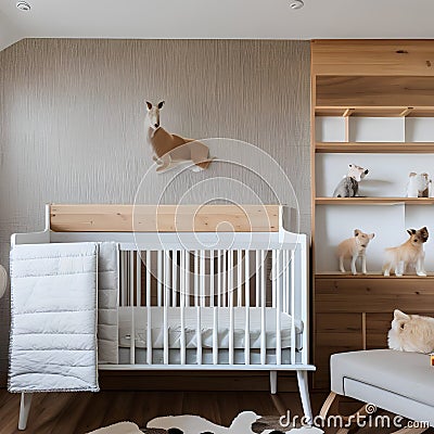 A Scandinavian-inspired nursery with neutral tones, wooden accents, and adorable animal wall art5 Stock Photo